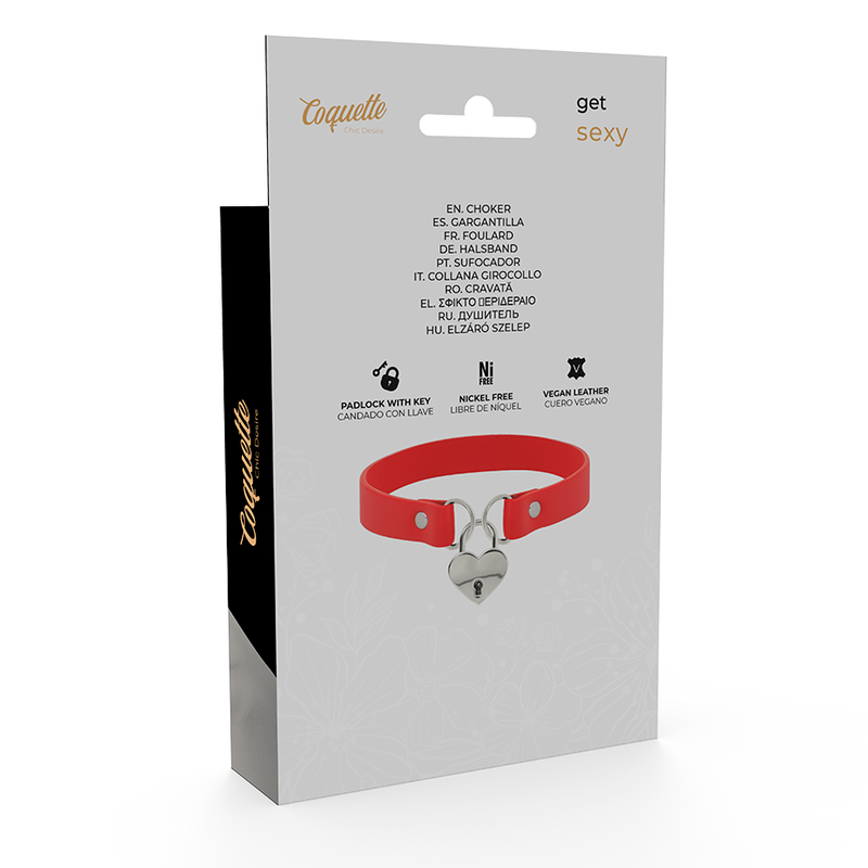 COQUETTE CHIC DESIRE - CHOKER IN PELLE VEGANA ROSSA CON ACCESSORIO CUORE CON CHIAVE
