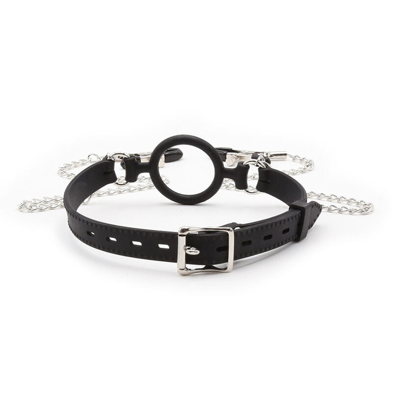 OHMAMA FETISH - GAG AD ANELLO CON CATENE E MORSETTI PER CAPEZZOLI