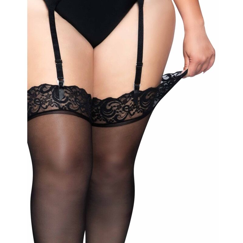LEG AVENUE - CALZE CON REGGICALZE NERE IN NYLON CON TOP IN PIZZO PLUS SIZE