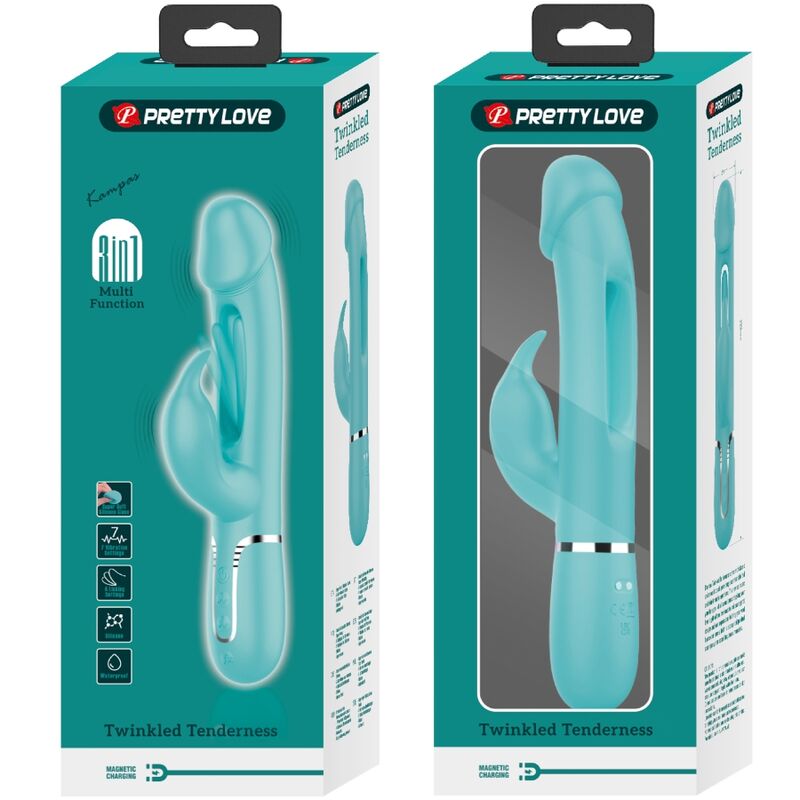 PRETTY LOVE - KAMPAS VIBRATORE MULTIFUNZIONE 3 IN 1 VIBRATORE CON LINGUA E RABBIT VERDE ACQUA