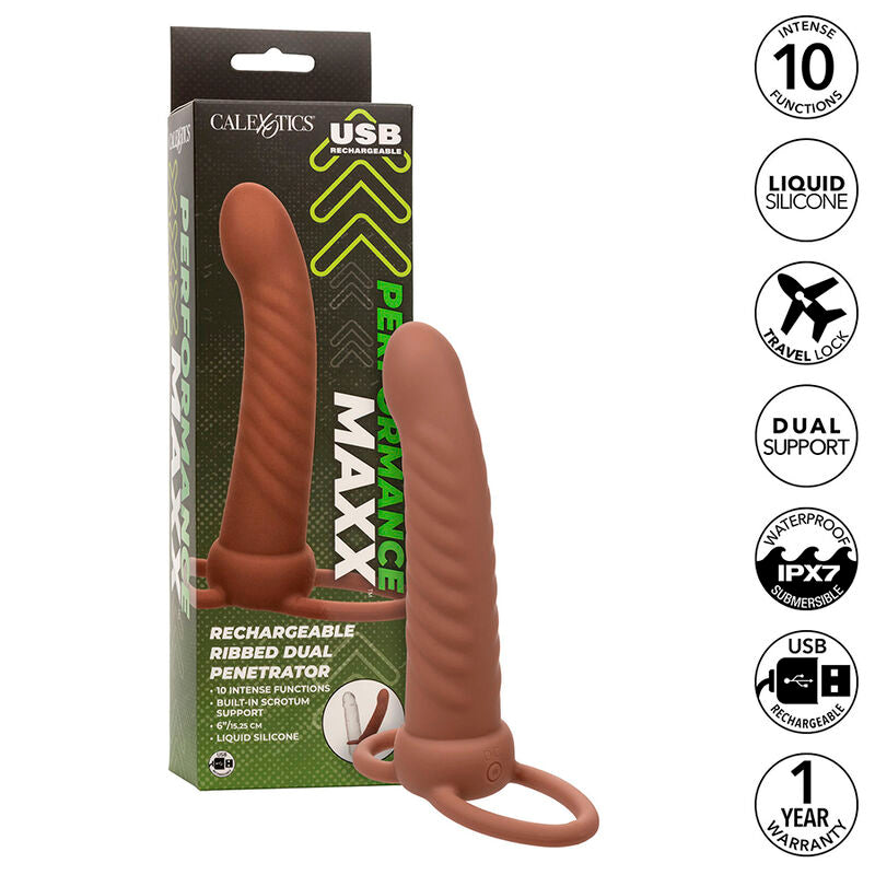 CALEXOTICS - MAXX RIBBED DOPPIA PROLUNGA 10 VIBRAZIONI MULATTO