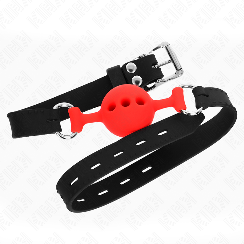 KINK - BALL GAG IN SILICONE 55 x 2 CM CON SFERA ROSSA DA 4 CM TAGLIA S NERO REGOLABILE 35-51 CM