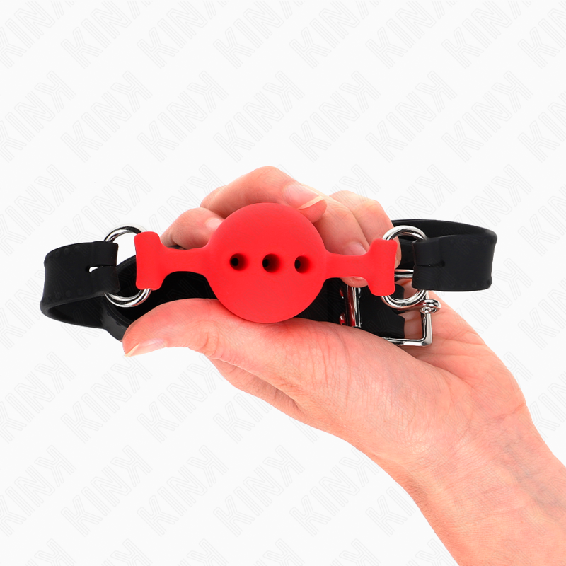 KINK - BALL GAG IN SILICONE 55 x 2 CM CON SFERA ROSSA DA 4 CM TAGLIA S NERO REGOLABILE 35-51 CM