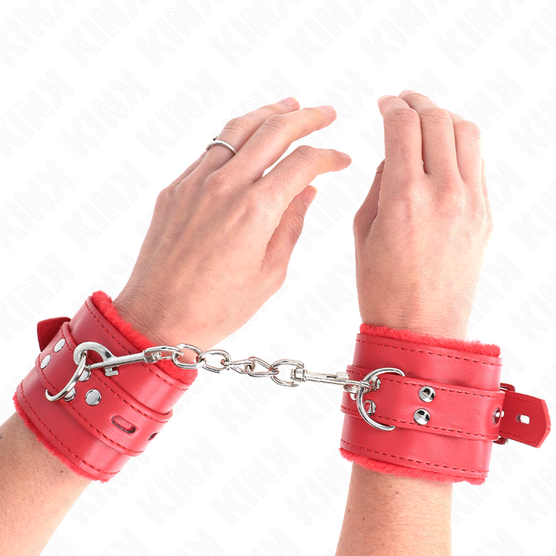 KINK - MANETTE RIVESTITE IN PELLICCIA CON FORI QUADRATI ROSSI E CINTURA ROSSA REGOLABILI 17-29 CM X 6 CM