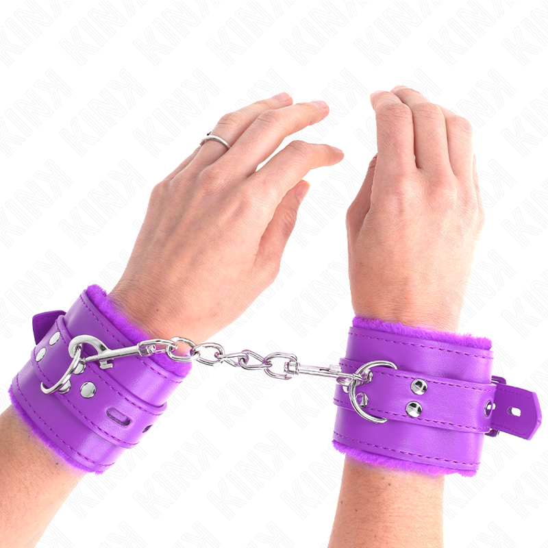 KINK - MANETTE RIVESTITE IN PELLICCIA CON FORI QUADRATI VIOLA E CINTURA VIOLA REGOLABILI 17-29 CM X 6 CM