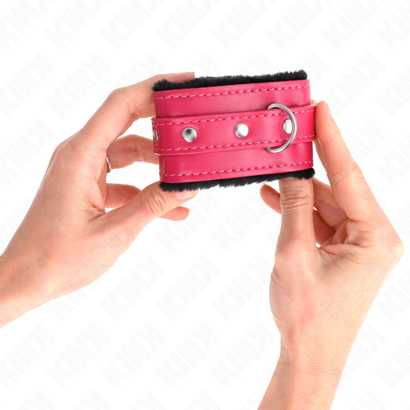 KINK - MANETTE RIVESTITE IN PELLICCIA NERI CON CINTURA ROSA LAMPONE REGOLABILE 17-29 CM X 6 CM
