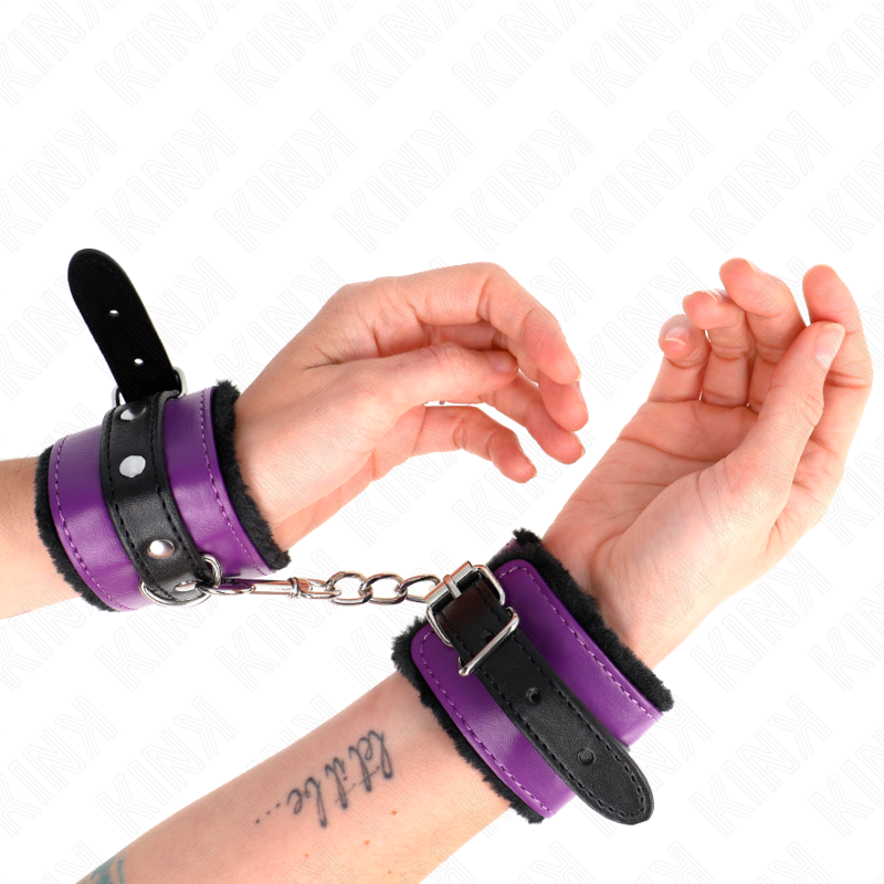 KINK - CINTURINI DA POLSO PREMIUM RIVESTITI IN PELLICCIA NERI CON CINTURA VIOLA/NERA REGOLABILE 17-29 CM X 6 CM
