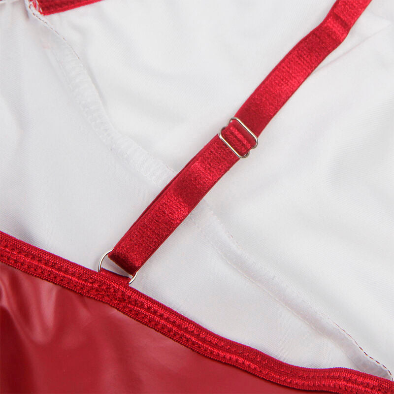 ABITO SENSUALE CON SPALLINE REGOLABILI, FINITURE IN ECOPELLE BORDEAUX, MATERIALE ELASTICIZZATO (L/XL)