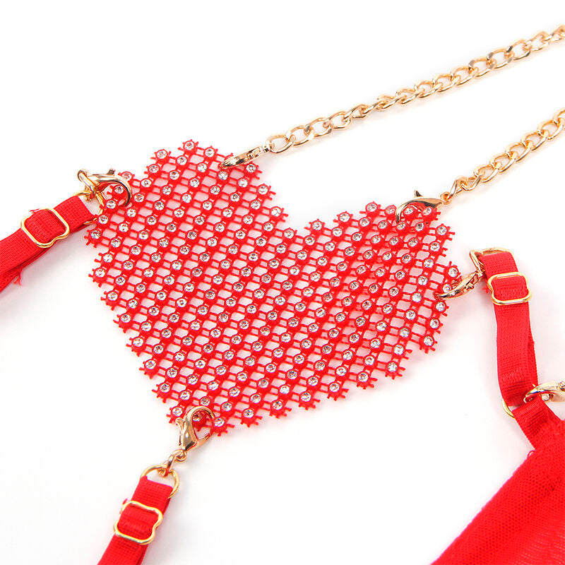 SET REGGISENO ROSSO CON CATENE A CUORE, RETE TRASLUCIDA, DETTAGLI METALLICI (S/M)