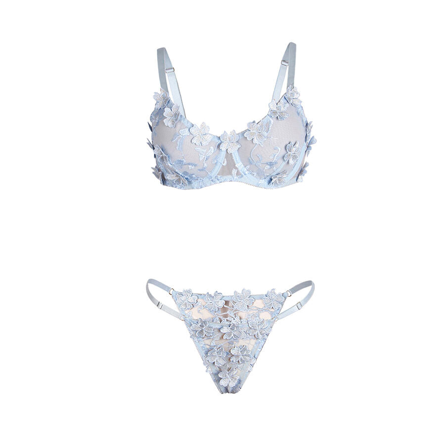 SET REGGISENO + SLIP RICAMATI A FIORI, PIZZO TRASLUCIDO, BLU CIELO