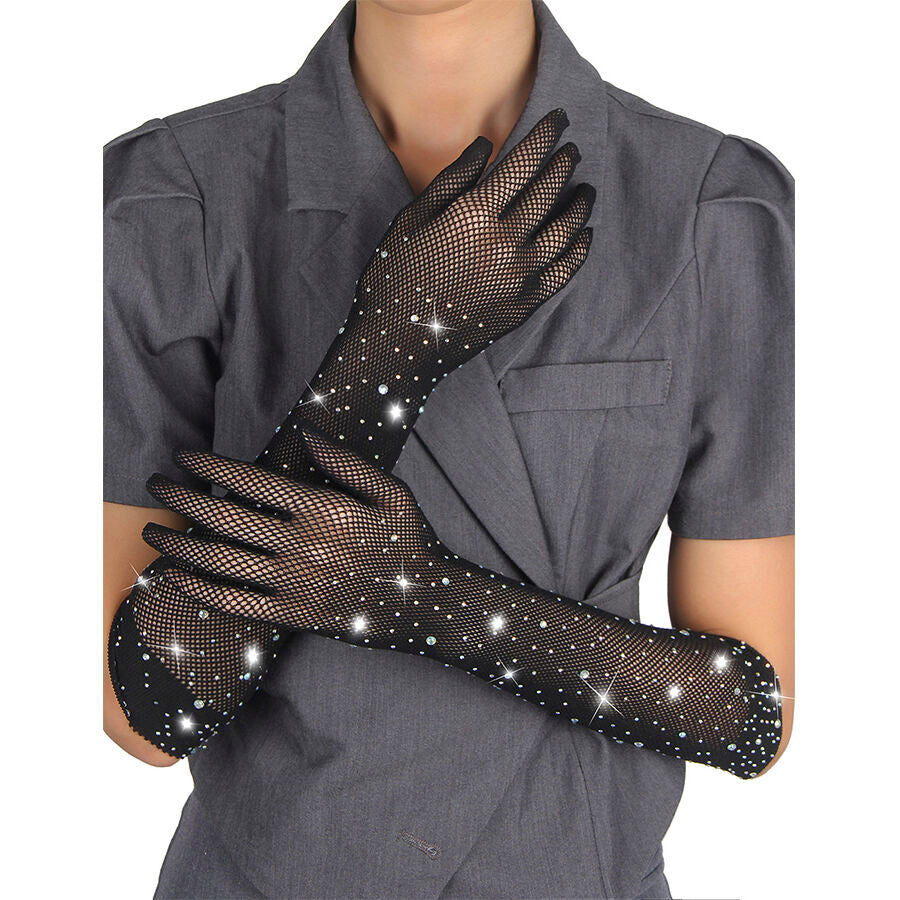 GUANTI TRASPARENTI NERI CON STRASS, ELEGANTI E SEDUCENTI, PERFETTI PER OCCASIONI SPECIALI