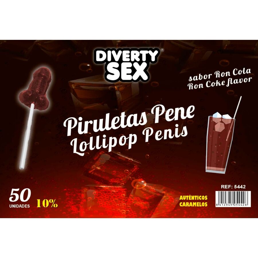 DIABLO GOLOSO - LECCA LECCA A FORMA DI PENE AROMA RUM COLA 10% ALCOOL 50 PZ