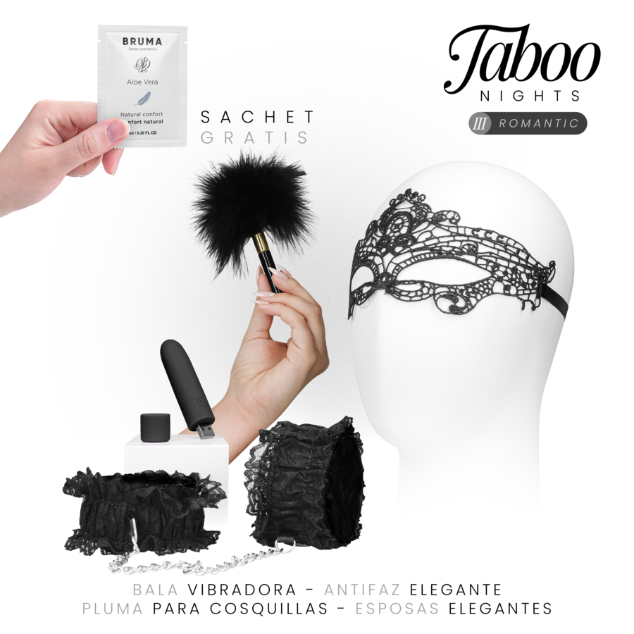 KIT CON BENDA IN PIZZO, VIBRATORE RICARICABILE USB, POLSINI ELASTICI