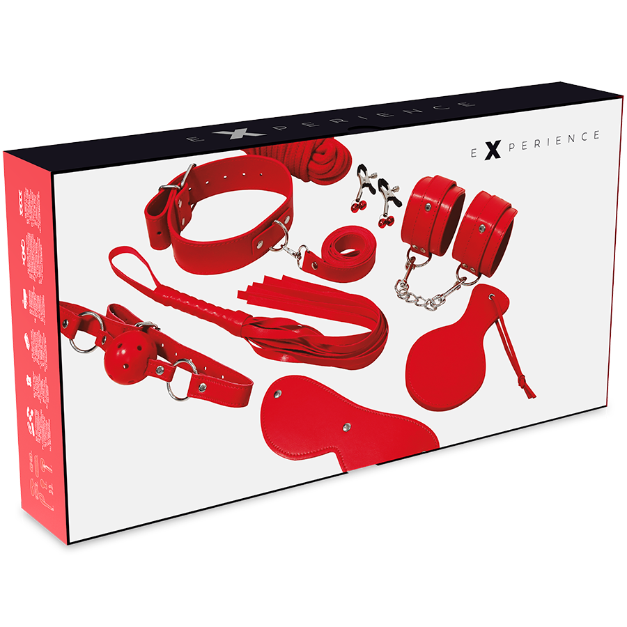 KIT BONDAGE BDSM COMPLETO, PELLE SINTETICA ROSSA, 8 PEZZI ESSENZIALI