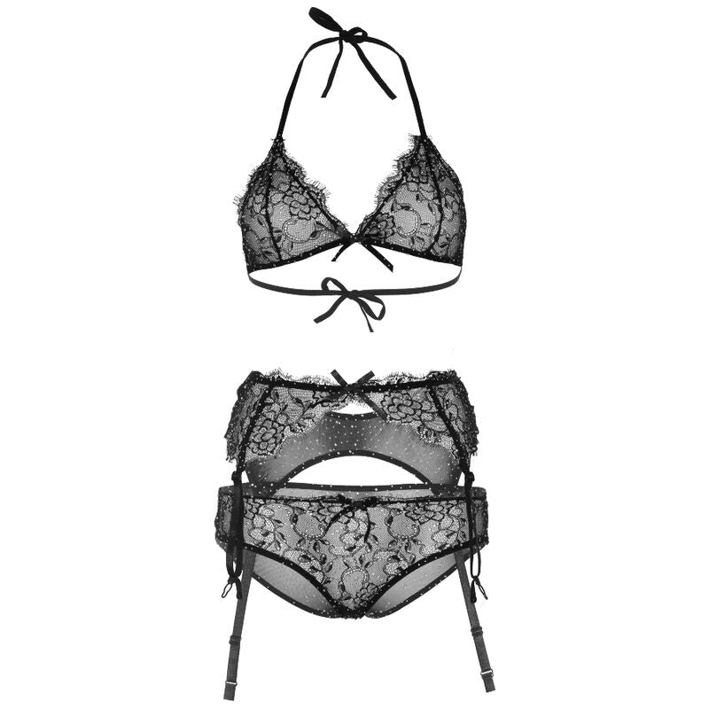 REGGISENO SLIP E REGGICALZE IN PIZZO CON STRASS, ELEGANTE, SENSUALE