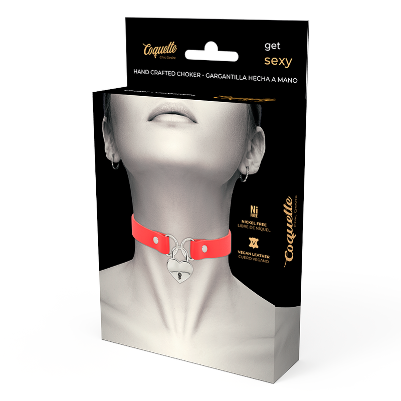 COQUETTE CHIC DESIRE - CHOKER IN PELLE VEGANA ROSSA CON ACCESSORIO CUORE CON CHIAVE
