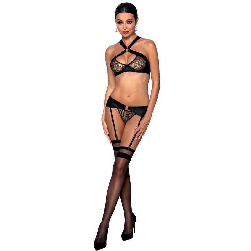 SET REGGISENO + PERIZOMA + REGGICALZE, DESIGN SENSUALE CON DETTAGLI DORATI, ECOPELLE NERO