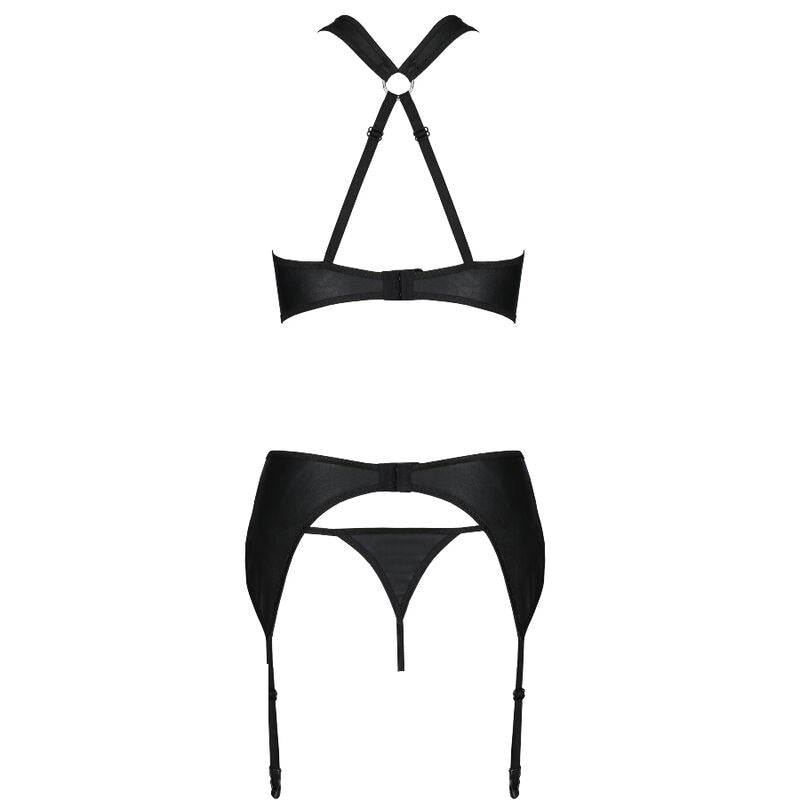 SET REGGISENO + PERIZOMA + REGGICALZE, DESIGN SENSUALE CON DETTAGLI DORATI, ECOPELLE NERO