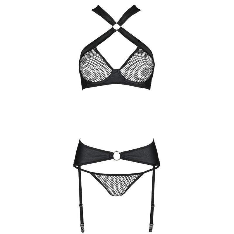 SET REGGISENO + PERIZOMA + REGGICALZE, DESIGN SENSUALE CON DETTAGLI DORATI, ECOPELLE NERO