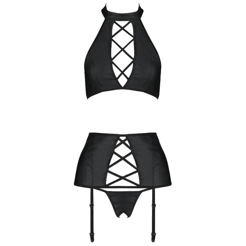 SET SENSUALE IN ECOPELLE, REGGISENO CON FERRETTO, PERIZOMA APERTO