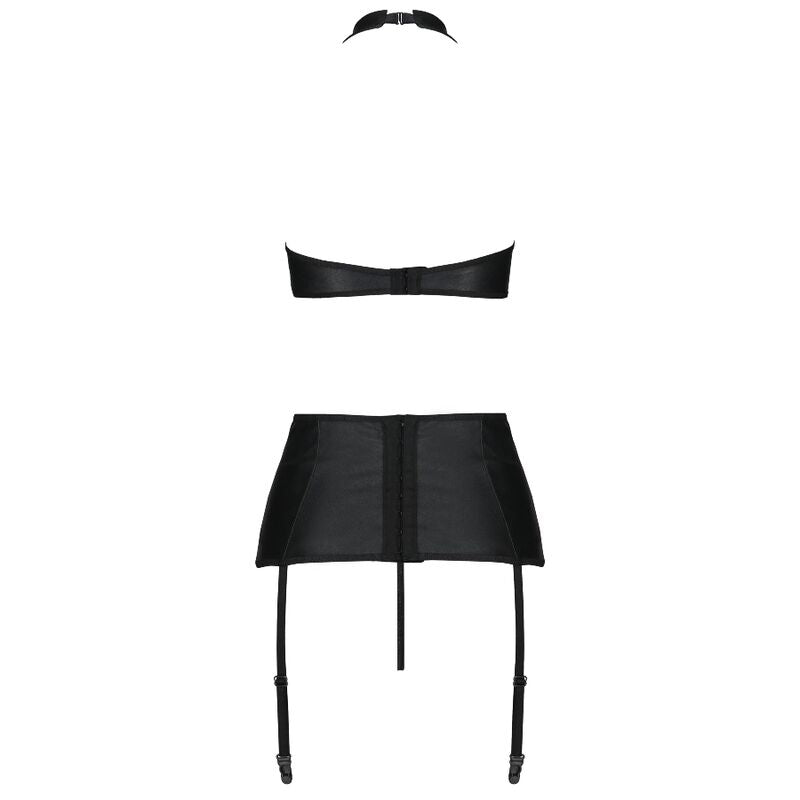 SET SENSUALE IN ECOPELLE, REGGISENO CON FERRETTO, PERIZOMA APERTO