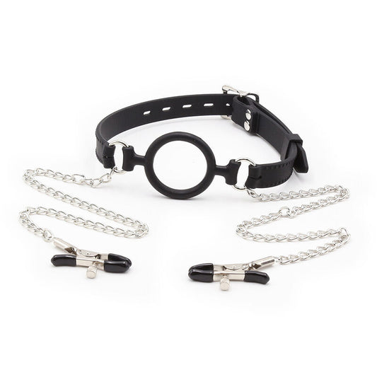 OHMAMA FETISH - GAG AD ANELLO CON CATENE E MORSETTI PER CAPEZZOLI