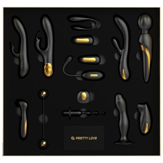 PRETTY LOVE - SET DI SEX TOYS BLACK & GOLD DELUXE VIBRANTI RICARICABILI 12 PZ