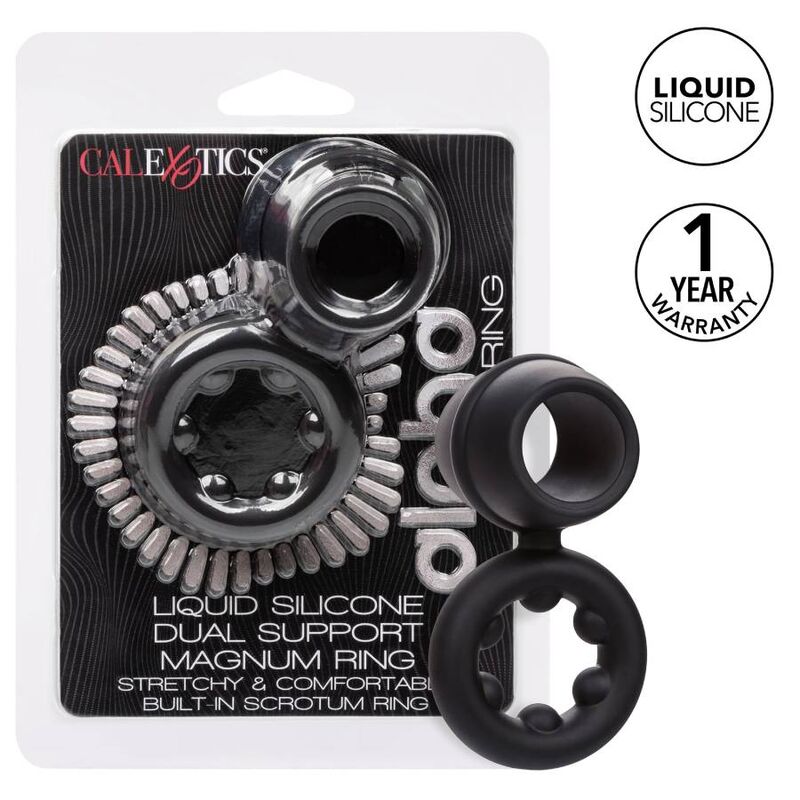ANELLO PENE DOPPIO CON SUPPORTO TESTICOLI "ALPHA DUAL MAGNUM" NERO - CALEXOTICS