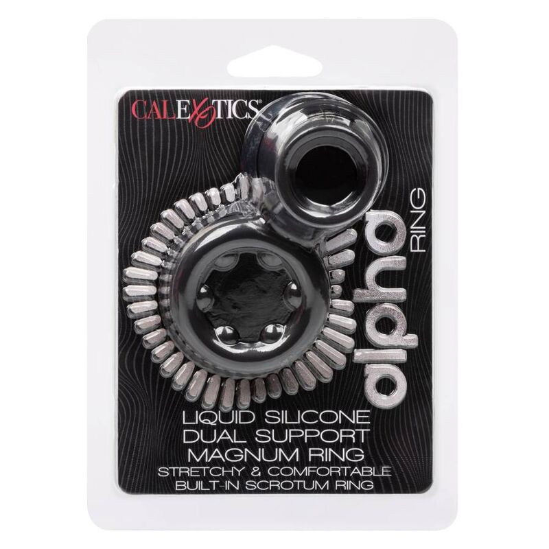 ANELLO PENE DOPPIO CON SUPPORTO TESTICOLI "ALPHA DUAL MAGNUM" NERO - CALEXOTICS
