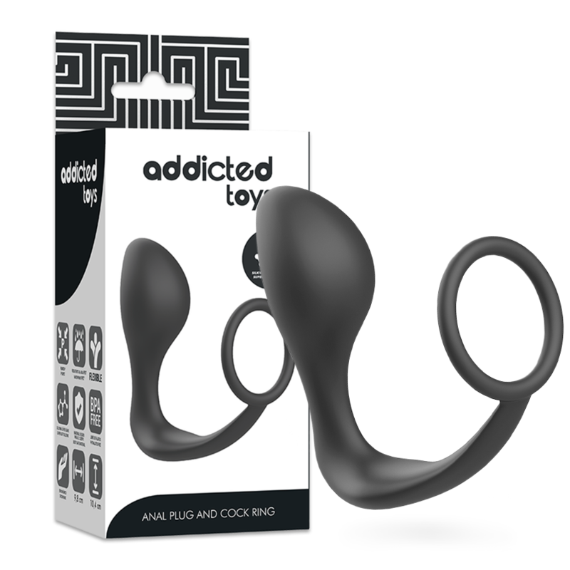 ADDICTED TOYS - ANELLO PENE CON PLUG ANALE IN SILICONE NERO
