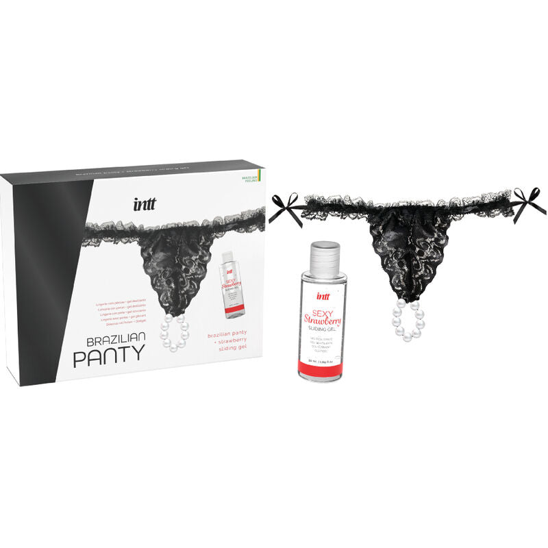 INTT - SET SLIP BRASILIANO NERO CON PERLE E GEL LUBRIFICANTE 50 ML