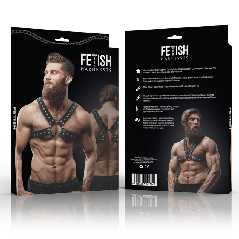 FETISH SUBMISSIVE ATTITUDE - HARNESS PETTORALE IN ECOPELLE INCROCIATA DA UOMO CON BORCHIE