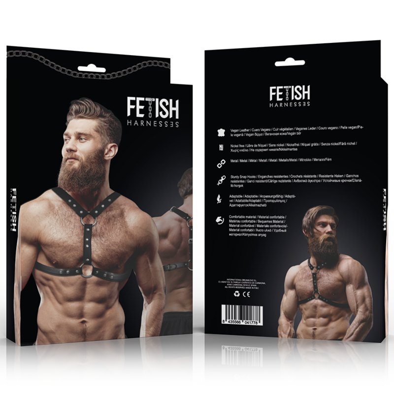 FETISH SUBMISSIVE ATTITUDE - HARNESS PETTORALE IN ECOPELLE CON DOPPIO SUPPORTO E BORCHIE PER UOMO