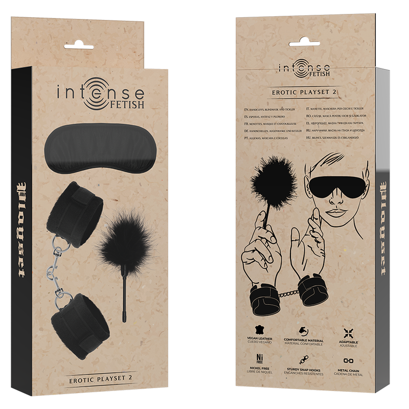 INTENSE - SET DA GIOCO EROTICO FETISH 2 CON MANETTE, MASCHERA CIECA E SOLLETICATORE