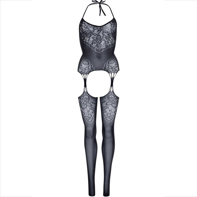 BODYSTOCKING IN PIZZO NERO, SENZA CUCITURE, SCOLLO ALL'AMERICANA
