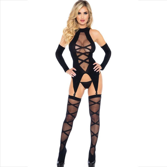 LEG AVENUE - BODY CON CALZE E MANICHE ABBINATE NERO