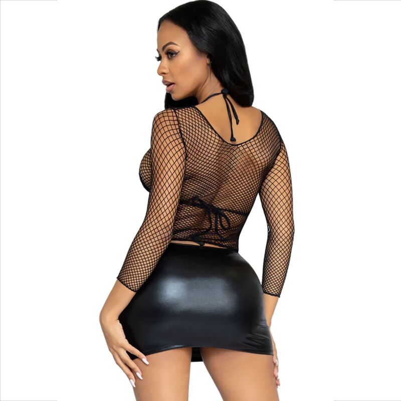 T-SHIRT A MANICHE LUNGHE NERA, RETE SEDUCENTE, ELASTICIZZATA