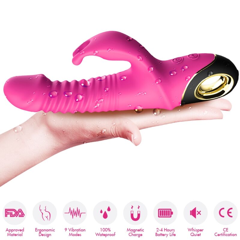 VIBRATORE CON STIMOLATORE CLITORIDEO, SPINTA E ROTAZIONE SIMULTANEA, SILICONE MEDICALE PREMIUM