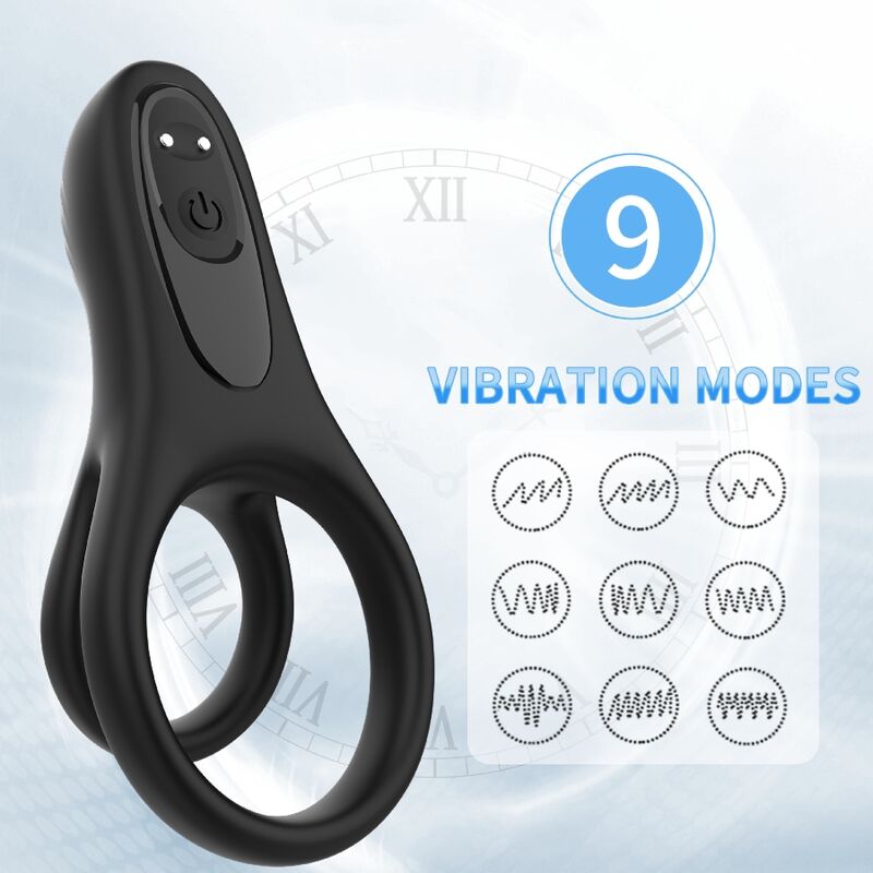 ANELLO PENE VIBRANTE DOPPIO CON SUPPORTO TESTICOLI, 9 MODALITÀ DI VIBRAZIONE, RICARICABILE USB