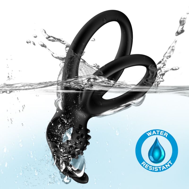 ANELLO PENE VIBRANTE DOPPIO CON SUPPORTO TESTICOLI E STIMOLATORE CLITORIDEO, DESIGN ERGONOMICO, SILICONE MEDICO