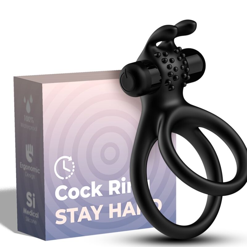 ANELLO PENE VIBRANTE DOPPIO CON SUPPORTO TESTICOLI E STIMOLATORE CLITORIDEO, DESIGN ERGONOMICO, SILICONE MEDICO