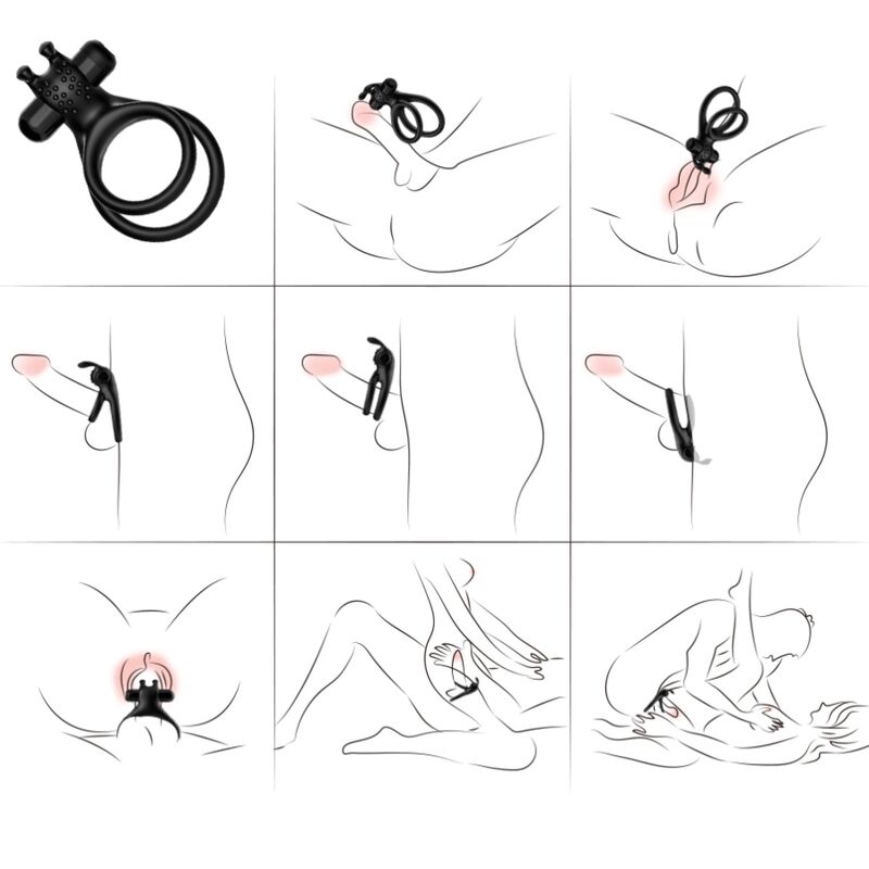 ANELLO PENE VIBRANTE DOPPIO CON SUPPORTO TESTICOLI E STIMOLATORE CLITORIDEO, DESIGN ERGONOMICO, SILICONE MEDICO