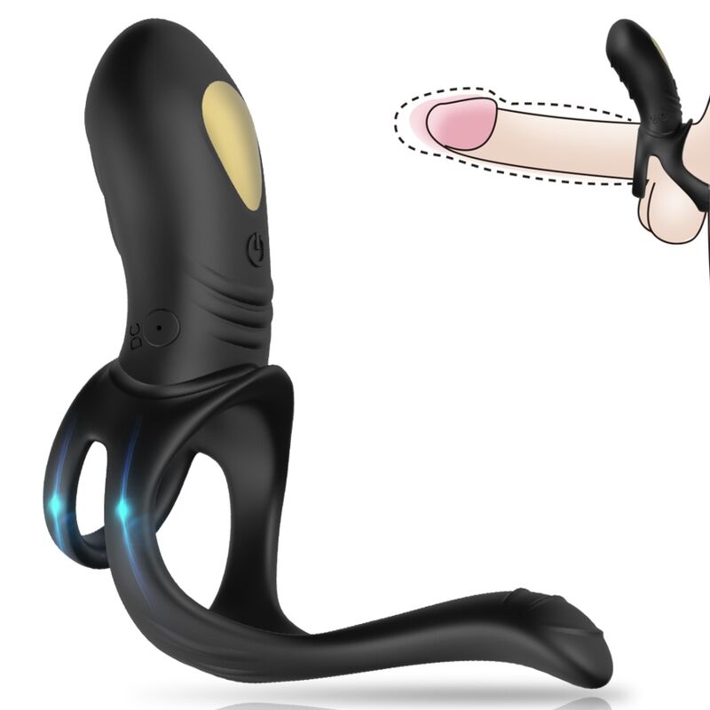 ANELLO PENE VIBRANTE DOPPIO CON STIMOLATORE, 9 MODALITÀ DI VIBRAZIONE, IMPERMEABILE E RICARICABILE USB