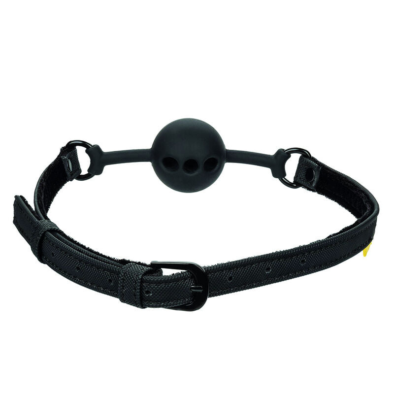 BALL-GAG FORATO IN SILICONE, CINTURINO REGOLABILE, TRASPIRANTE