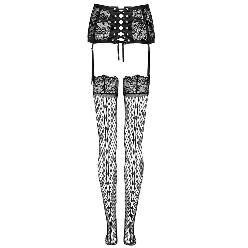SET REGGICALZE + CALZE, PIZZO PREGIATO, NERO ELEGANTE
