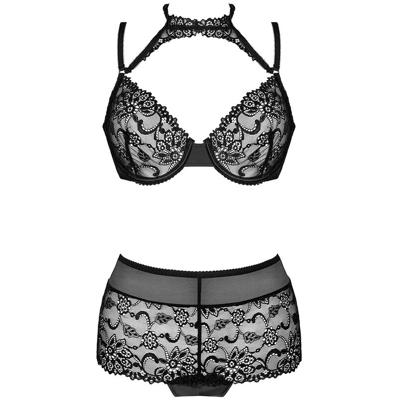 SET REGGISENO + SLIP, PIZZO FLOREALE, NERO