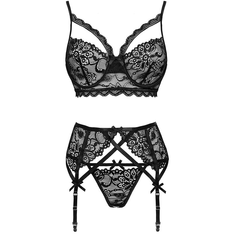 REGGISENO + REGGICALZE + SLIP, PIZZO SENSUALE, NERO