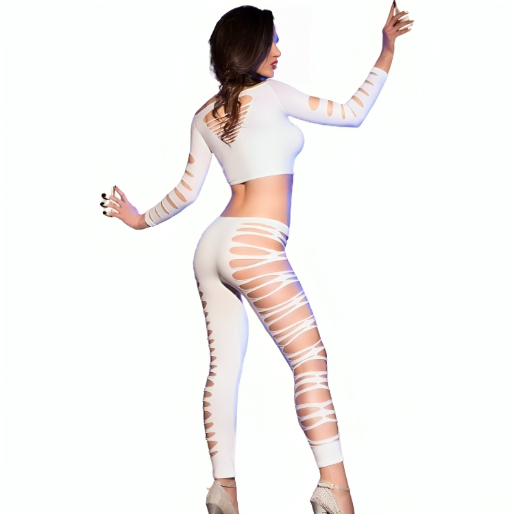 COMPLETO BIANCO ELEGANTE, TESSUTO ELASTICIZZATO, DETTAGLI TRAFORATI