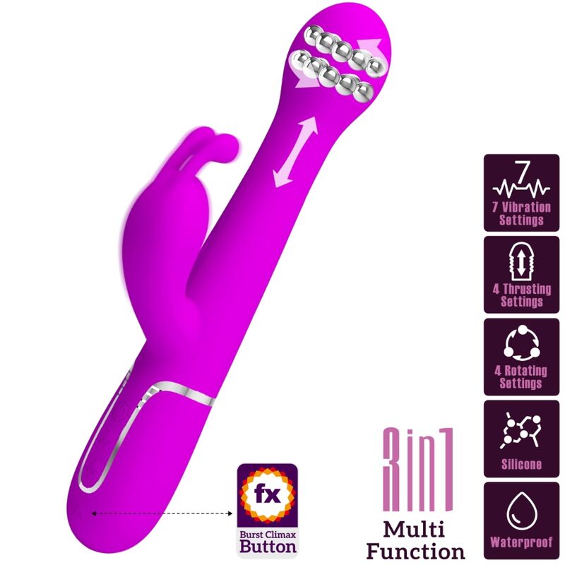 PRETTY LOVE - VIBRATORE DEJON CON RABBIT 3 IN 1 MULTIFUNZIONE CON SPINTA E ROTAZIONE FUCSIA
