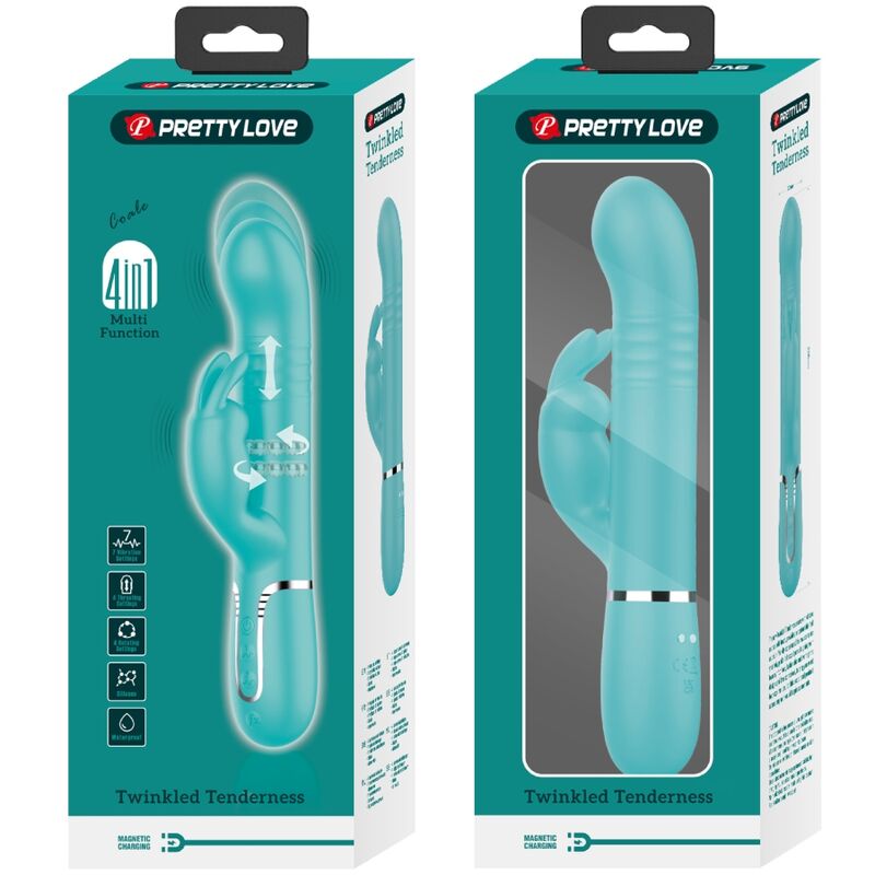 PRETTY LOVE - VIBRATORE COALE CON RABBIT E SFERE ROTANTI 4 IN 1 VERDE ACQUA